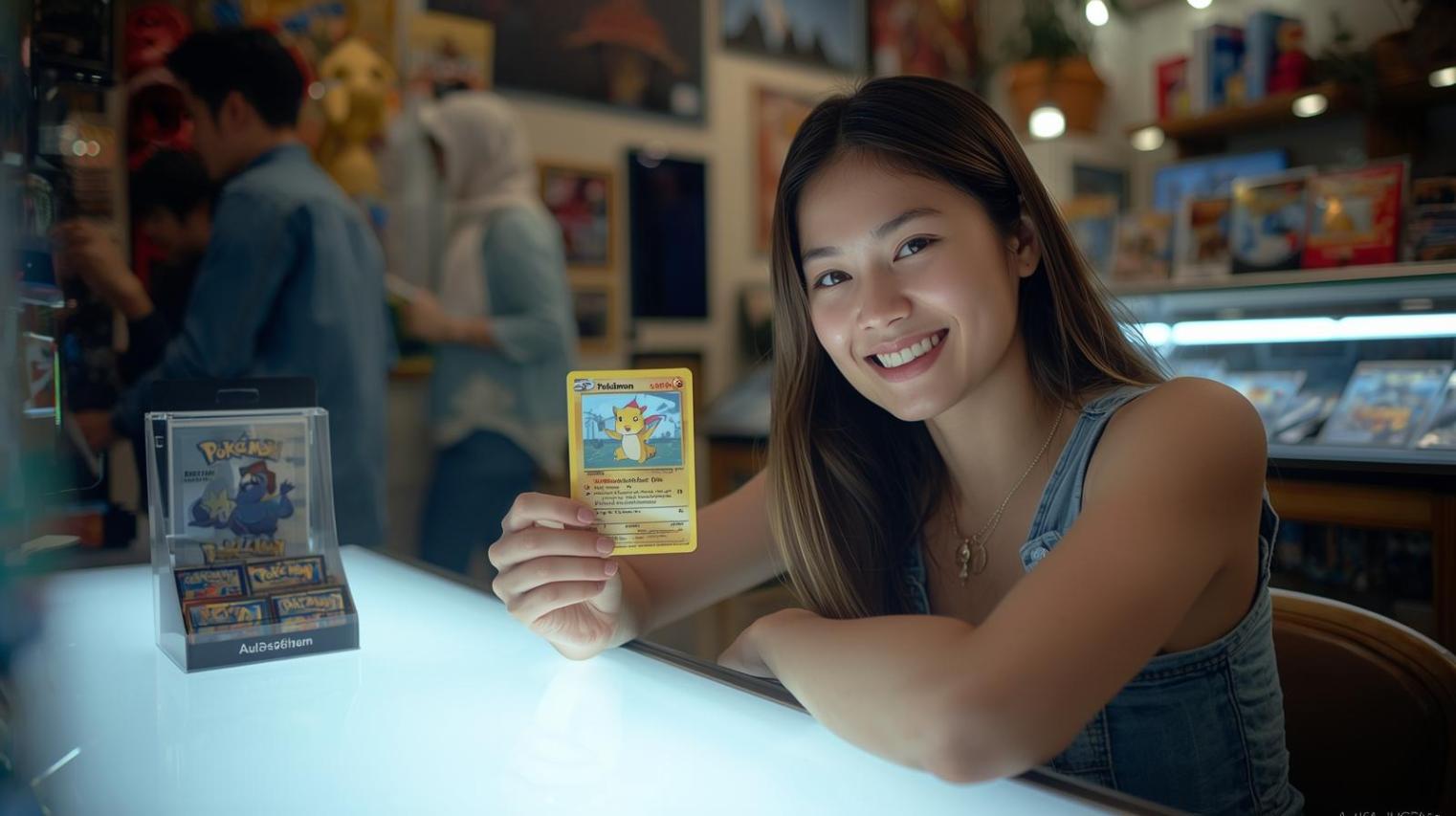 Young adult holding rare Pokémon card in lively Dubai collectible shop.