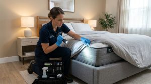 A professional pest management technician inspecting a modern bedroom for bed bugs using a flashlight and tools